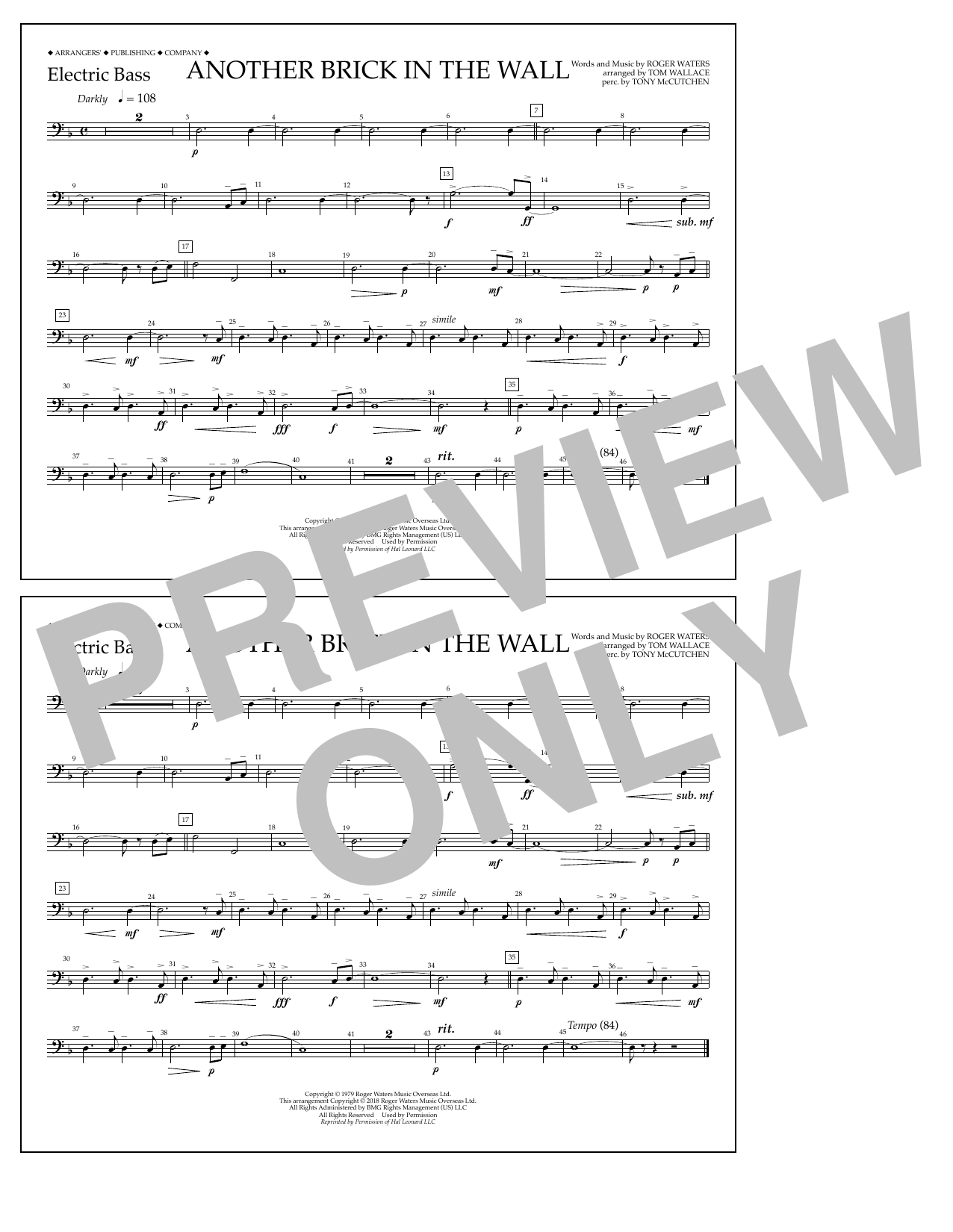Tom Wallace Another Brick in the Wall - Electric Bass Sheet Music Notes & Chords for Marching Band - Download or Print PDF