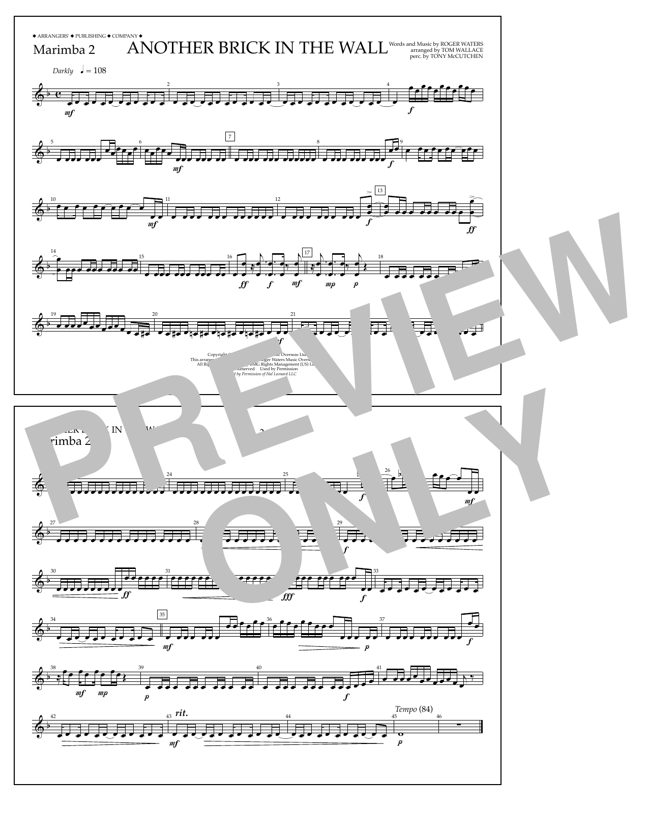 Tom Wallace Another Brick in the Wall - Marimba 2 Sheet Music Notes & Chords for Marching Band - Download or Print PDF