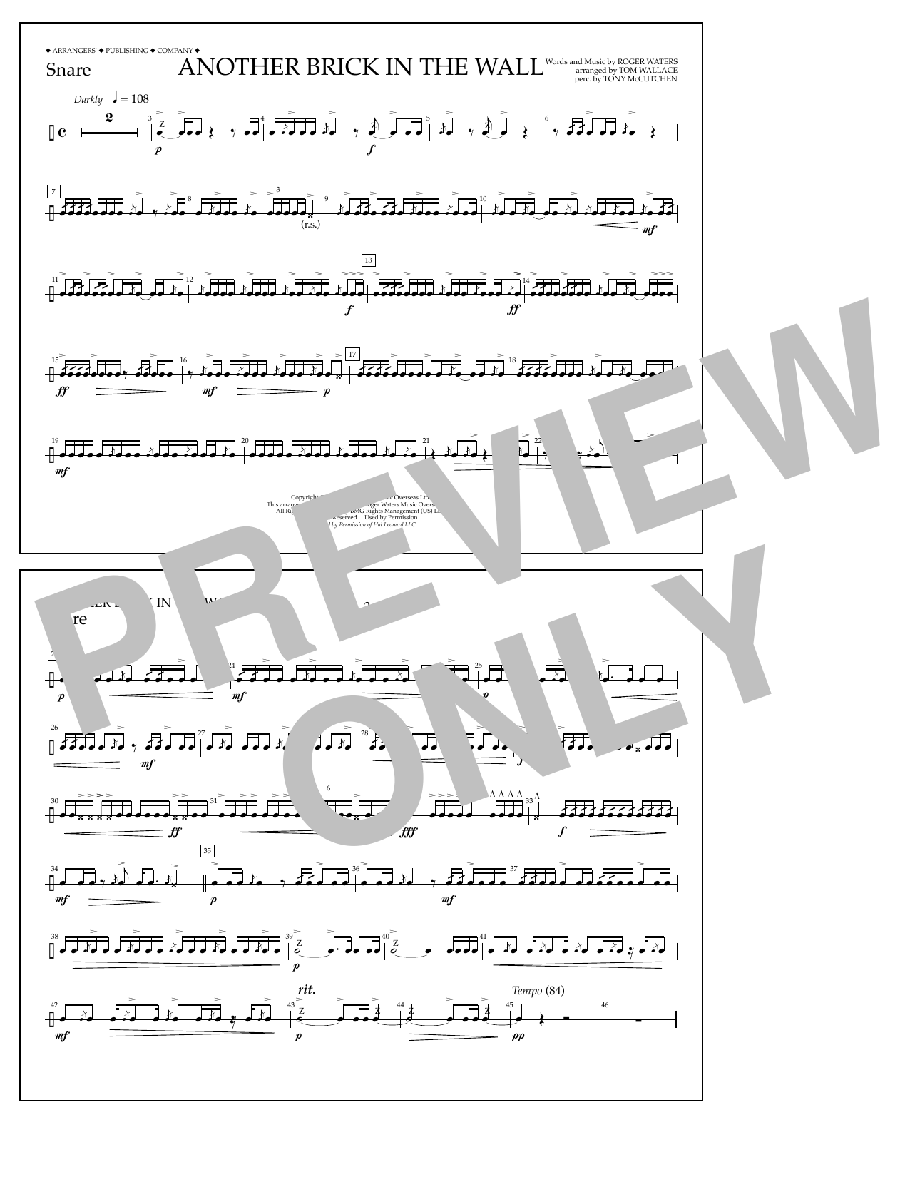 Tom Wallace Another Brick in the Wall - Snare Sheet Music Notes & Chords for Marching Band - Download or Print PDF