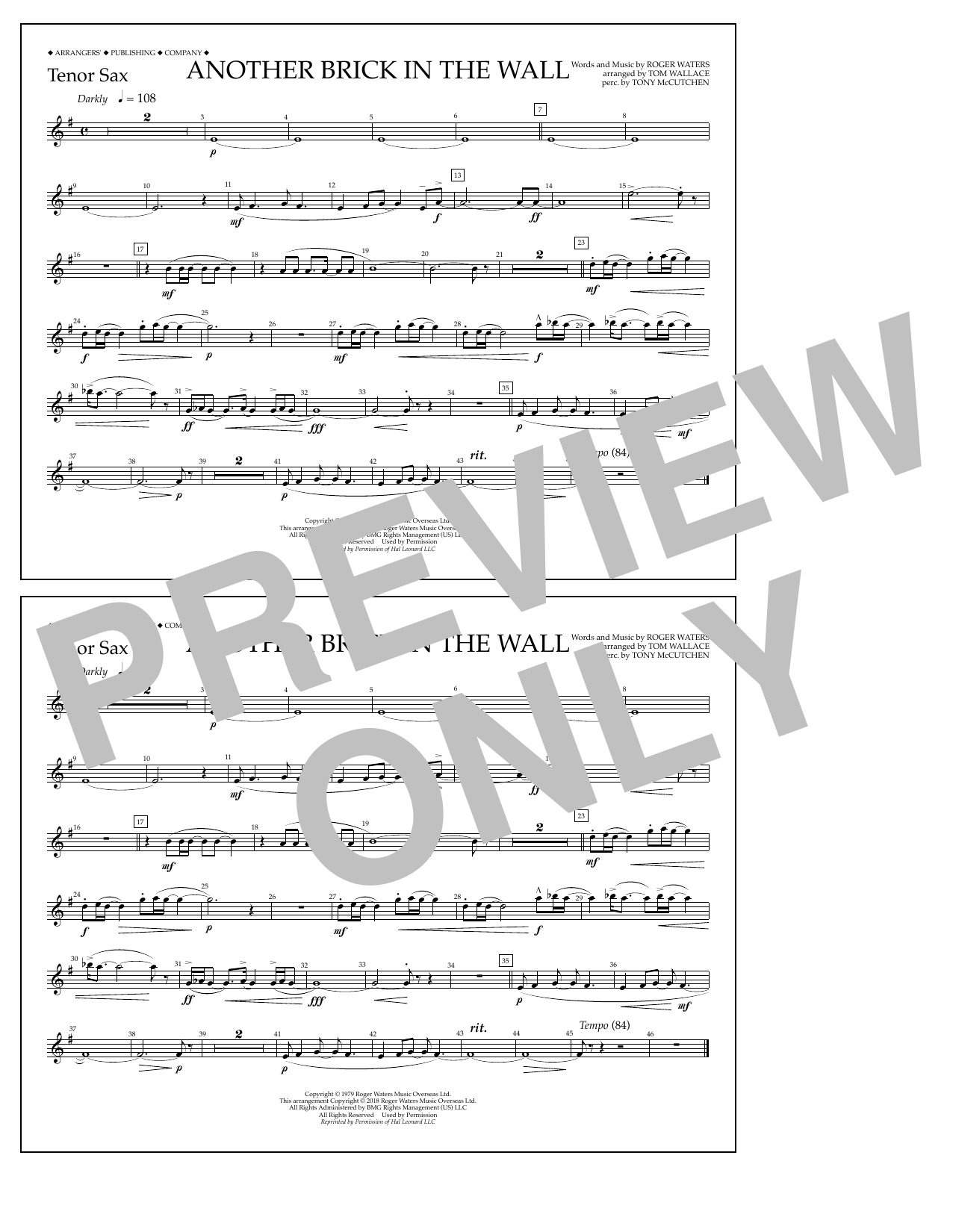 Tom Wallace Another Brick in the Wall - Tenor Sax Sheet Music Notes & Chords for Marching Band - Download or Print PDF