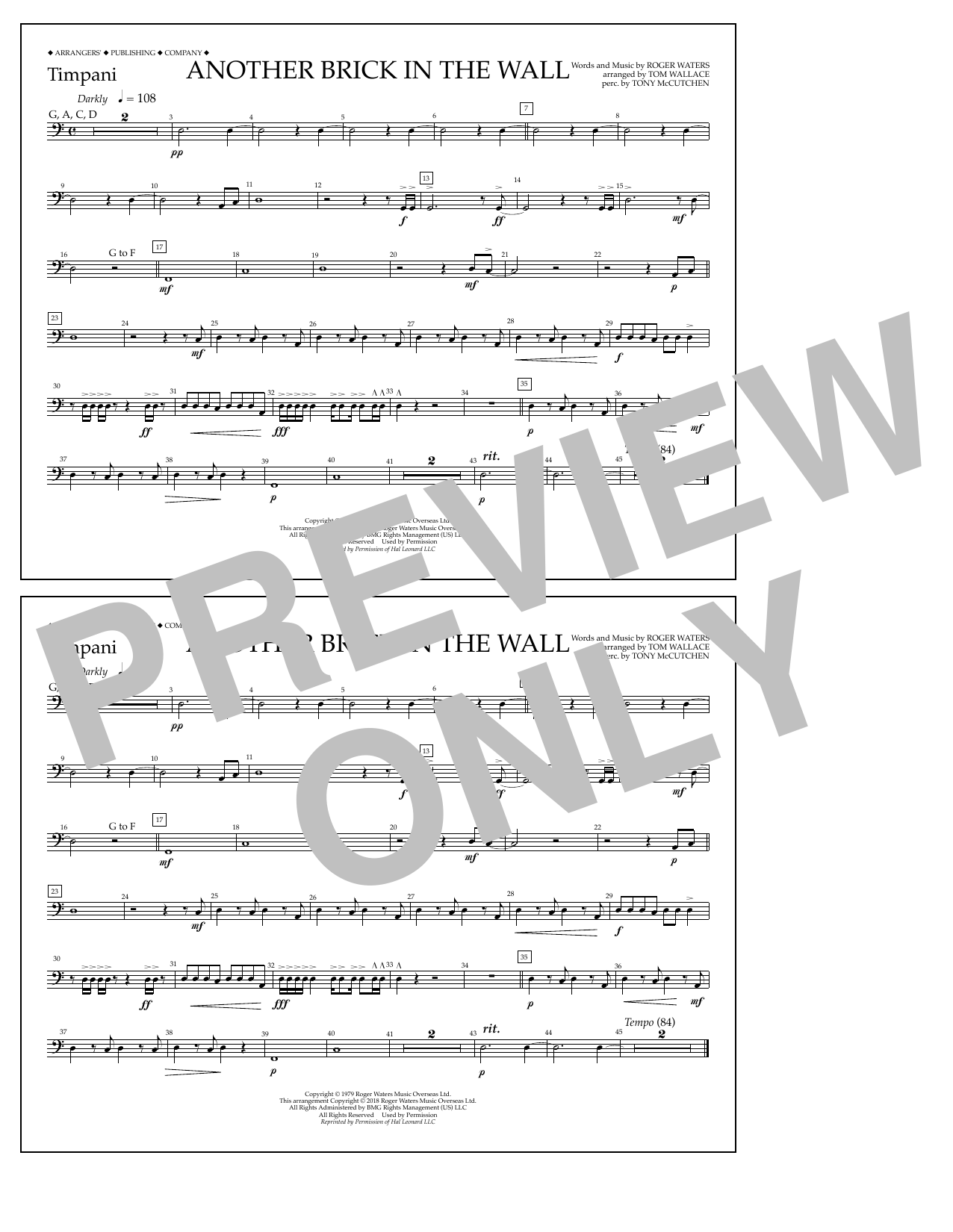 Tom Wallace Another Brick in the Wall - Timpani Sheet Music Notes & Chords for Marching Band - Download or Print PDF