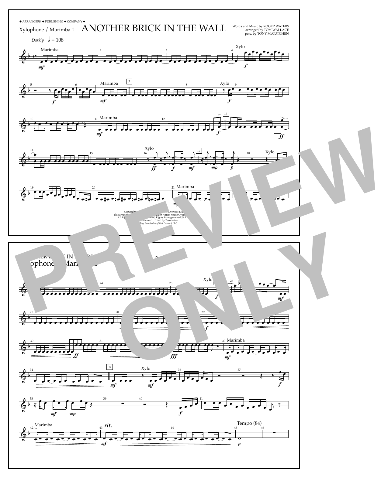 Tom Wallace Another Brick in the Wall - Xylophone/Marimba 1 Sheet Music Notes & Chords for Marching Band - Download or Print PDF
