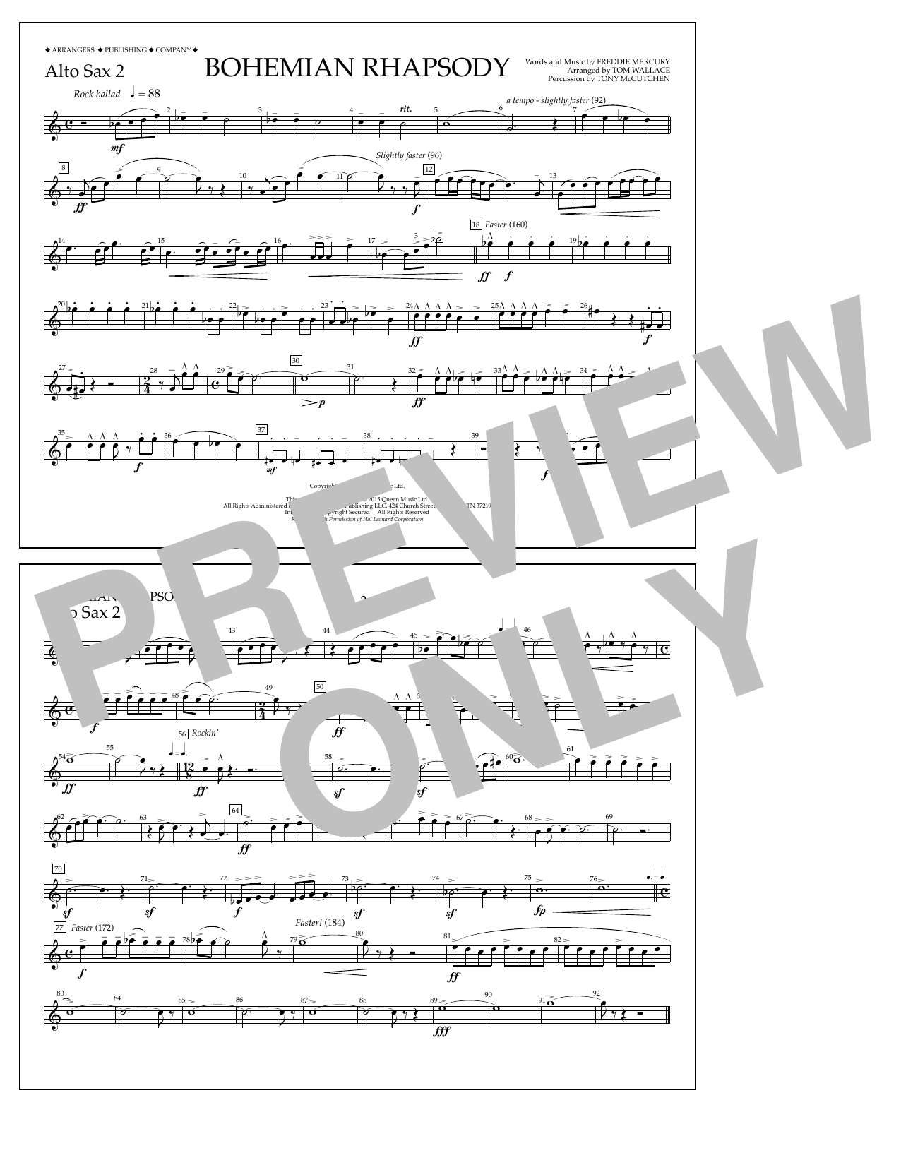 Tom Wallace Bohemian Rhapsody - Alto Sax 2 Sheet Music Notes & Chords for Marching Band - Download or Print PDF