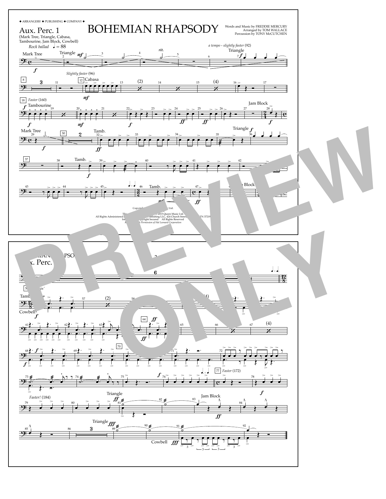 Tom Wallace Bohemian Rhapsody - Aux. Perc. 1 Sheet Music Notes & Chords for Marching Band - Download or Print PDF