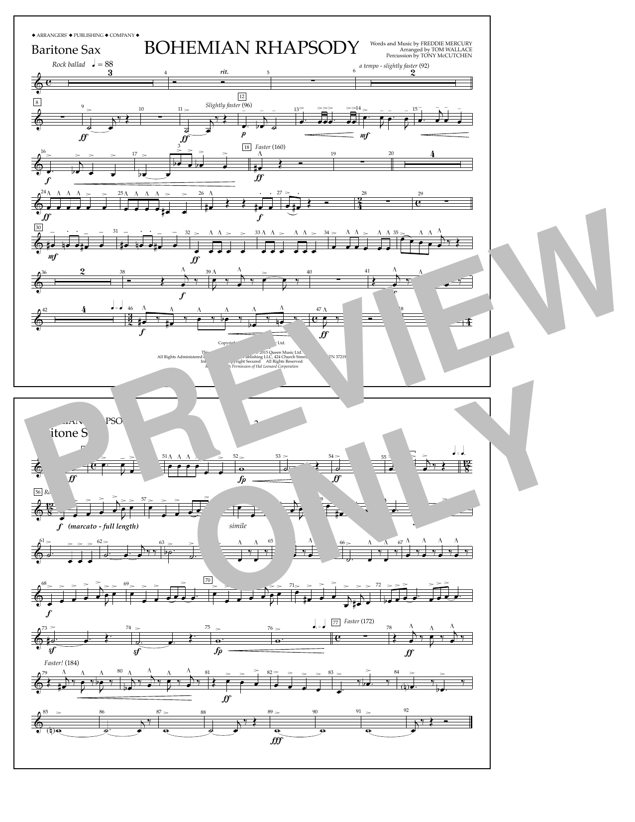 Tom Wallace Bohemian Rhapsody - Baritone Sax Sheet Music Notes & Chords for Marching Band - Download or Print PDF