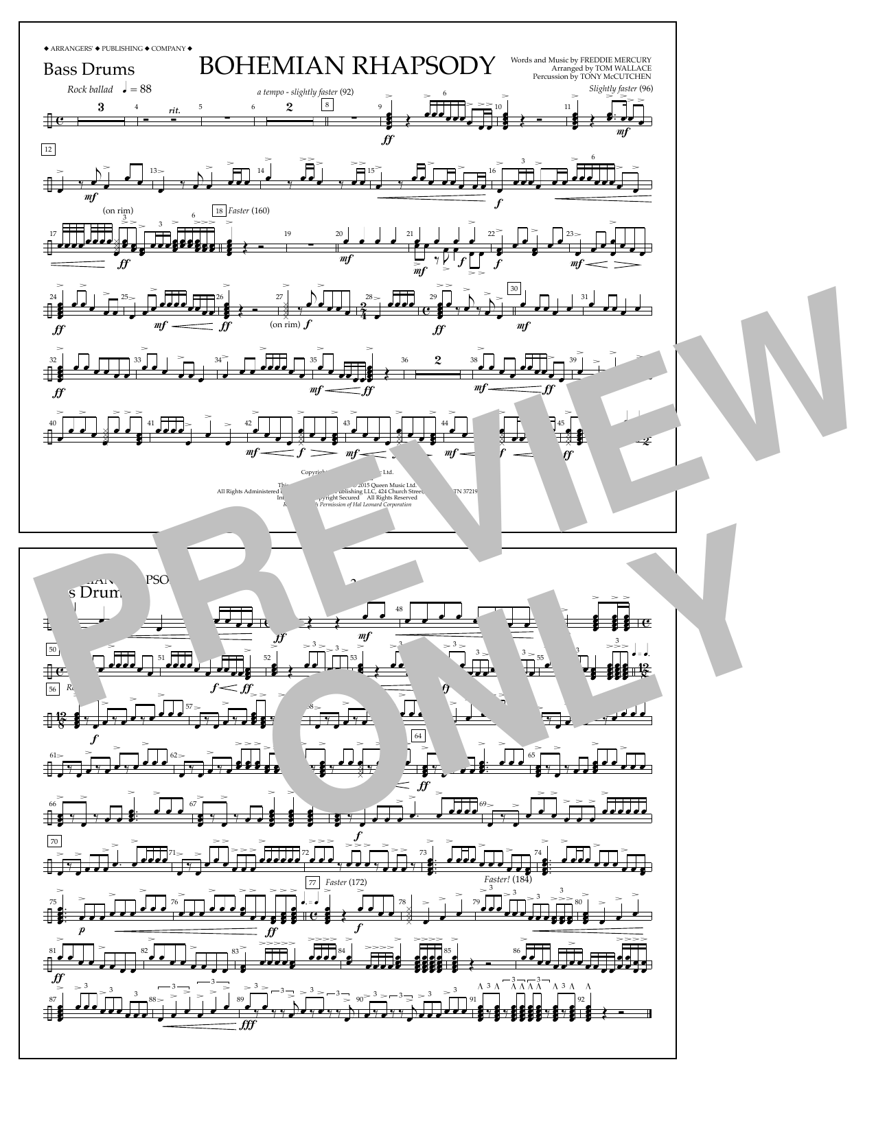 Tom Wallace Bohemian Rhapsody - Bass Drums Sheet Music Notes & Chords for Marching Band - Download or Print PDF