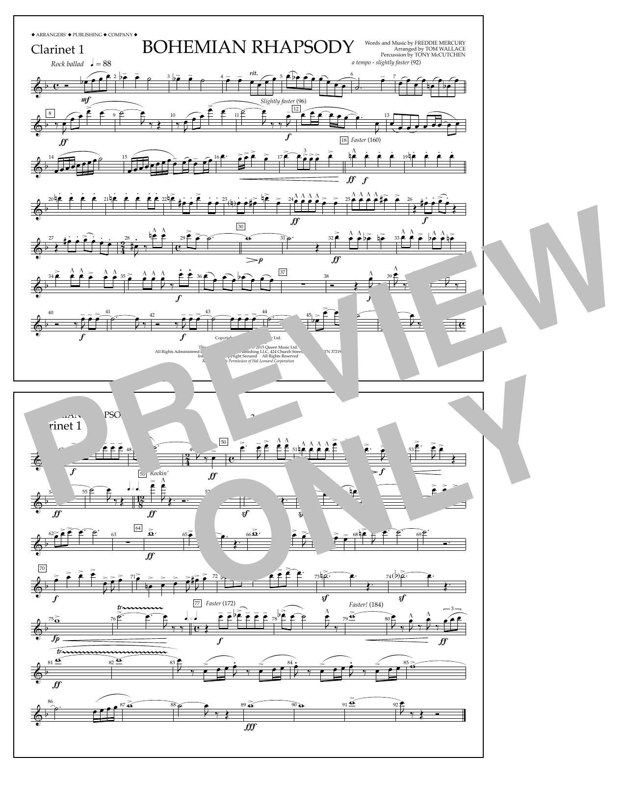 Tom Wallace Bohemian Rhapsody - Clarinet 1 Sheet Music Notes & Chords for Marching Band - Download or Print PDF