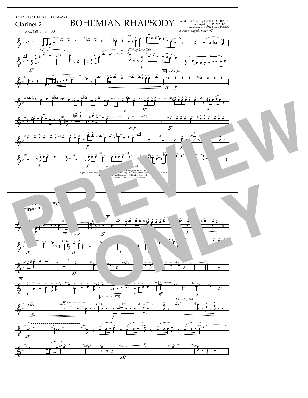 Tom Wallace Bohemian Rhapsody - Clarinet 2 Sheet Music Notes & Chords for Marching Band - Download or Print PDF