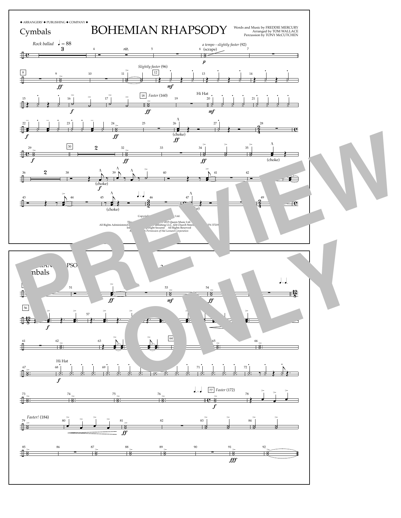 Tom Wallace Bohemian Rhapsody - Cymbals Sheet Music Notes & Chords for Marching Band - Download or Print PDF