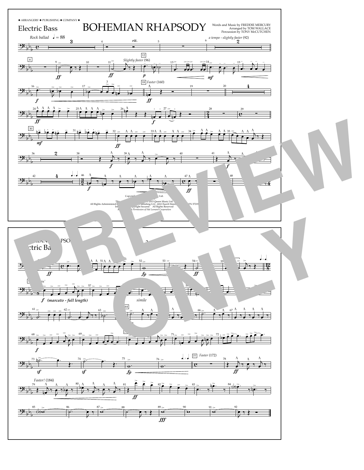 Tom Wallace Bohemian Rhapsody - Electric Bass Sheet Music Notes & Chords for Marching Band - Download or Print PDF