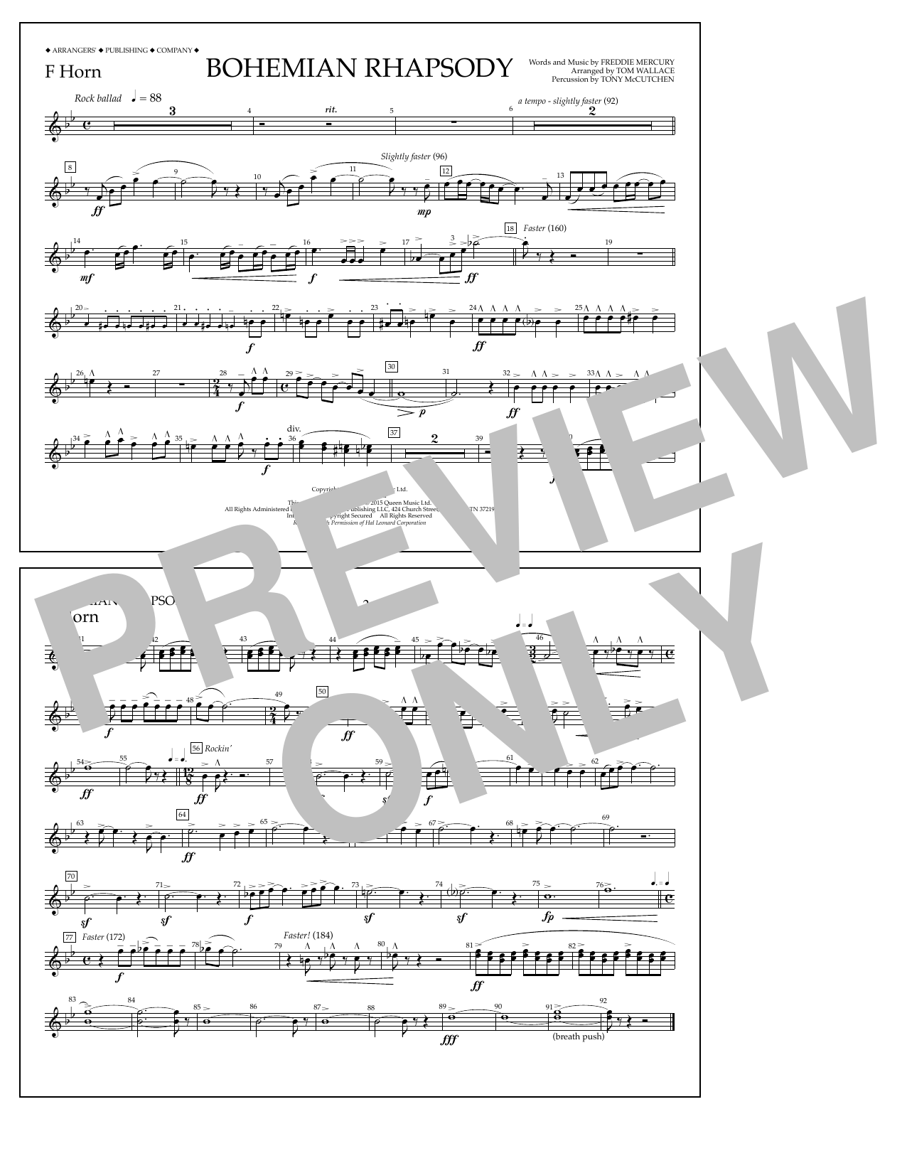 Tom Wallace Bohemian Rhapsody - F Horn Sheet Music Notes & Chords for Marching Band - Download or Print PDF