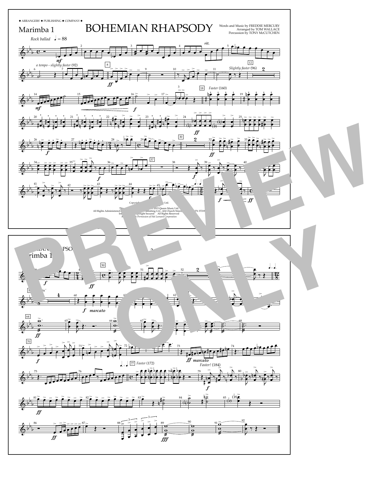 Tom Wallace Bohemian Rhapsody - Marimba 1 Sheet Music Notes & Chords for Marching Band - Download or Print PDF