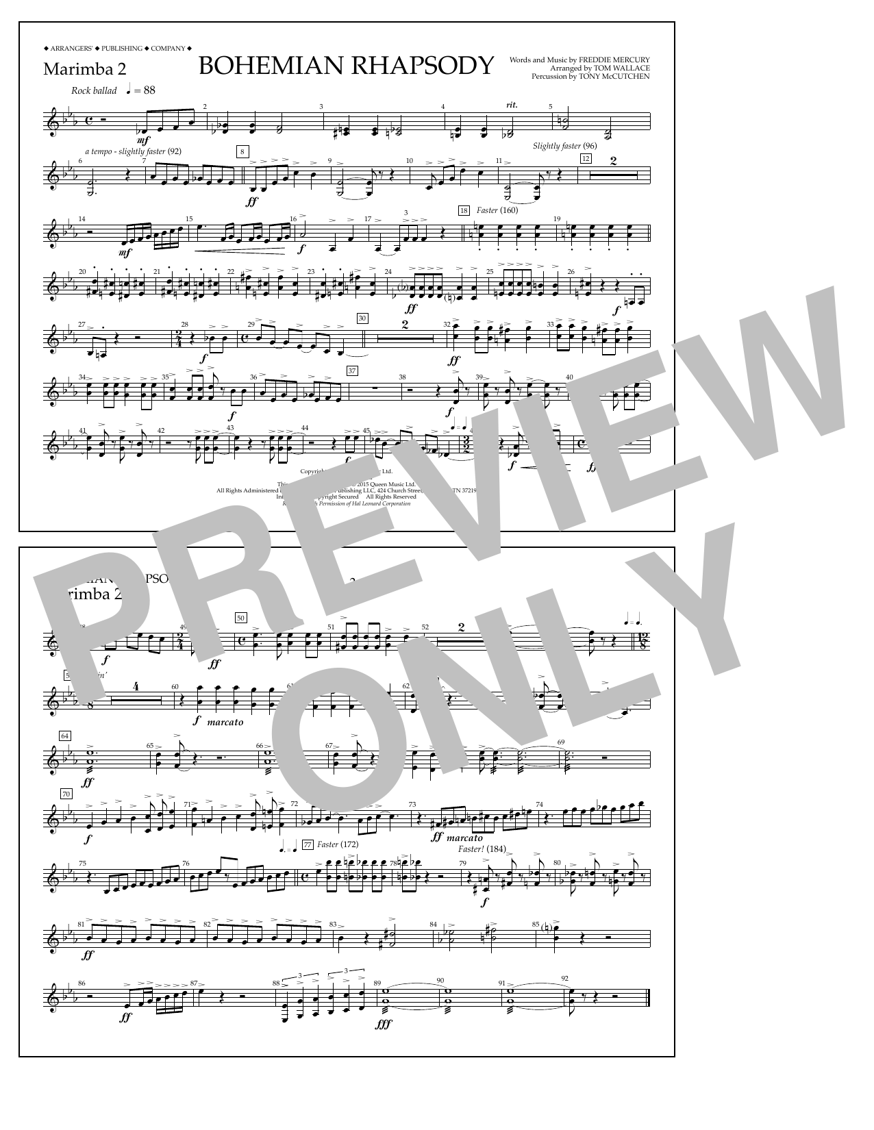 Tom Wallace Bohemian Rhapsody - Marimba 2 Sheet Music Notes & Chords for Marching Band - Download or Print PDF