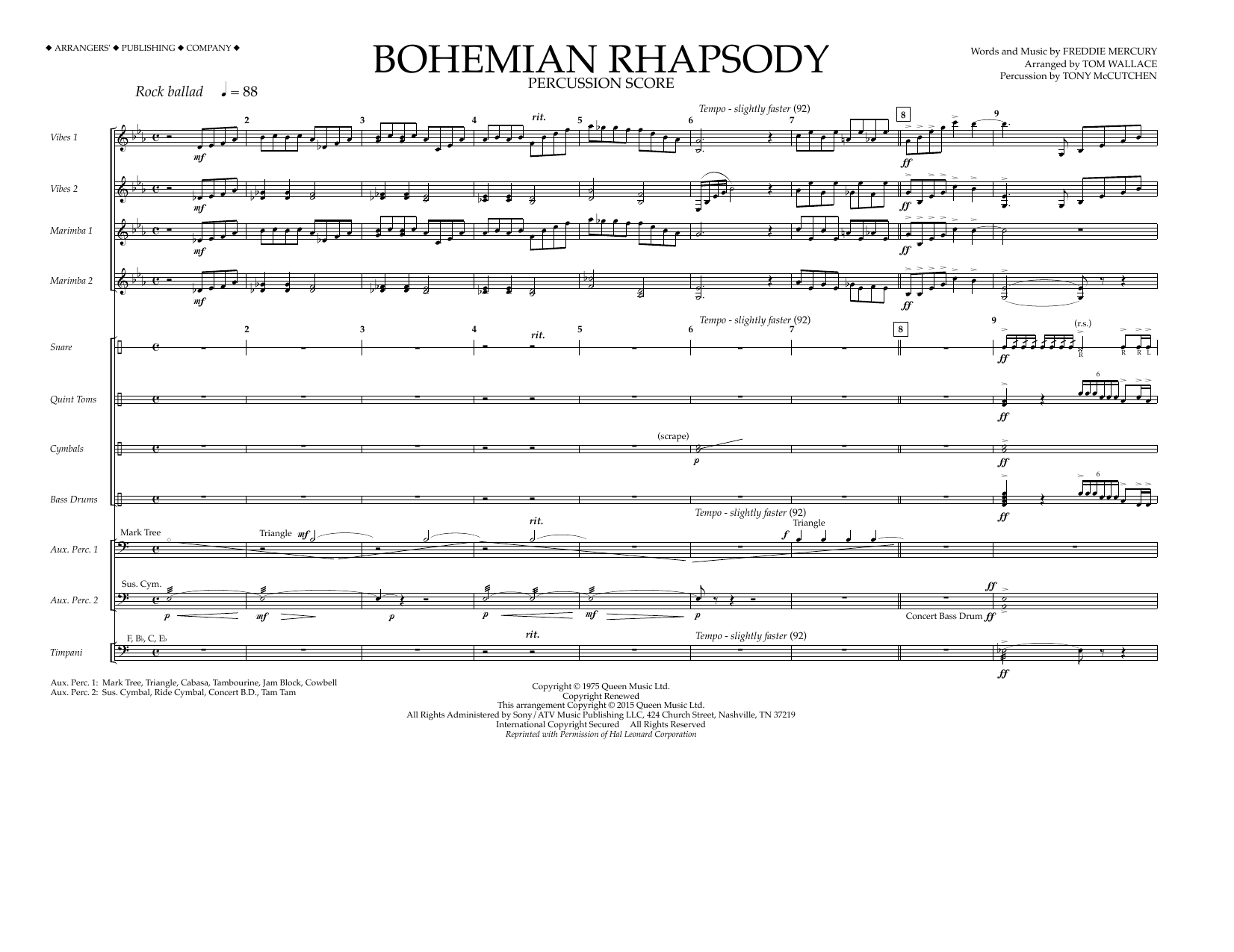 Tom Wallace Bohemian Rhapsody - Percussion Score Sheet Music Notes & Chords for Marching Band - Download or Print PDF