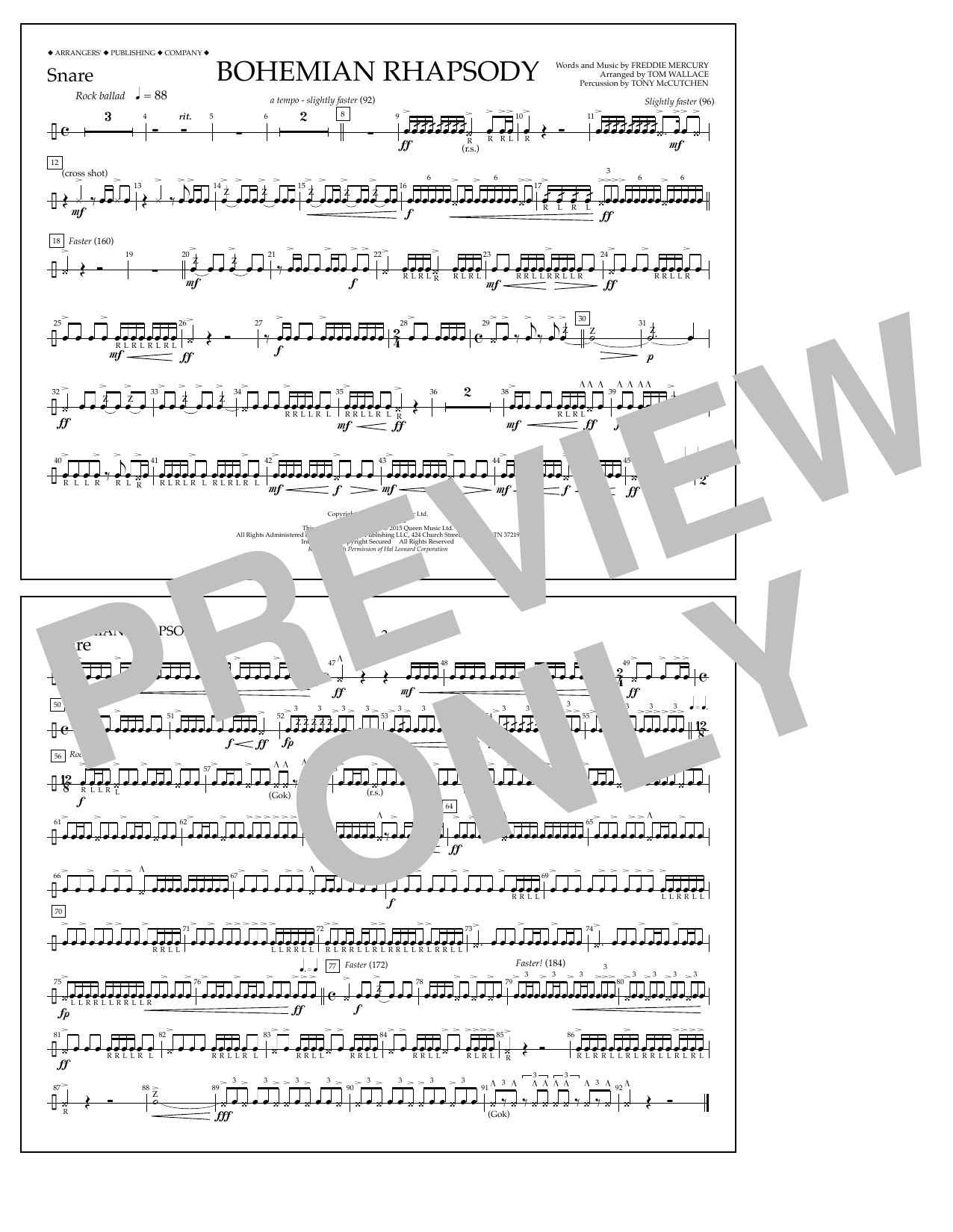 Tom Wallace Bohemian Rhapsody - Snare Sheet Music Notes & Chords for Marching Band - Download or Print PDF
