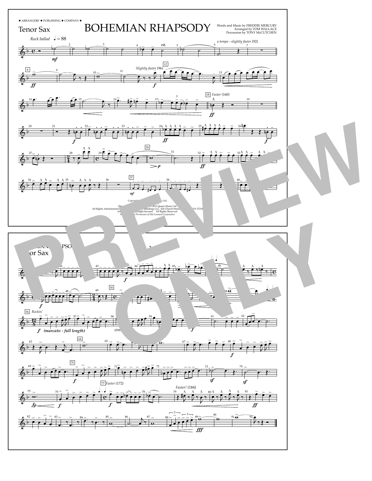 Tom Wallace Bohemian Rhapsody - Tenor Sax Sheet Music Notes & Chords for Marching Band - Download or Print PDF