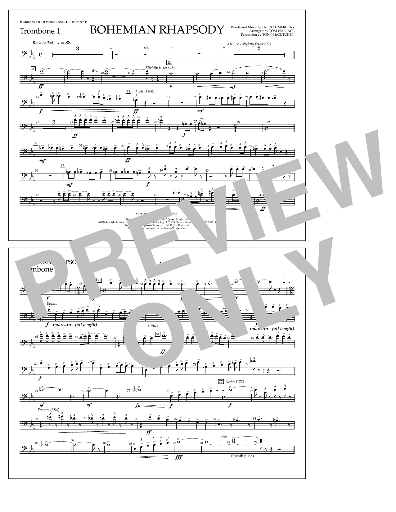 Tom Wallace Bohemian Rhapsody - Trombone 1 Sheet Music Notes & Chords for Marching Band - Download or Print PDF