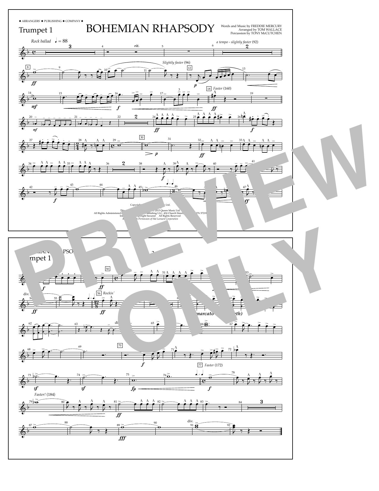 Tom Wallace Bohemian Rhapsody - Trumpet 1 Sheet Music Notes & Chords for Marching Band - Download or Print PDF