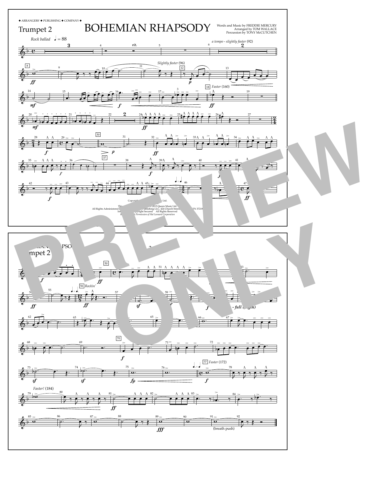 Tom Wallace Bohemian Rhapsody - Trumpet 2 Sheet Music Notes & Chords for Marching Band - Download or Print PDF