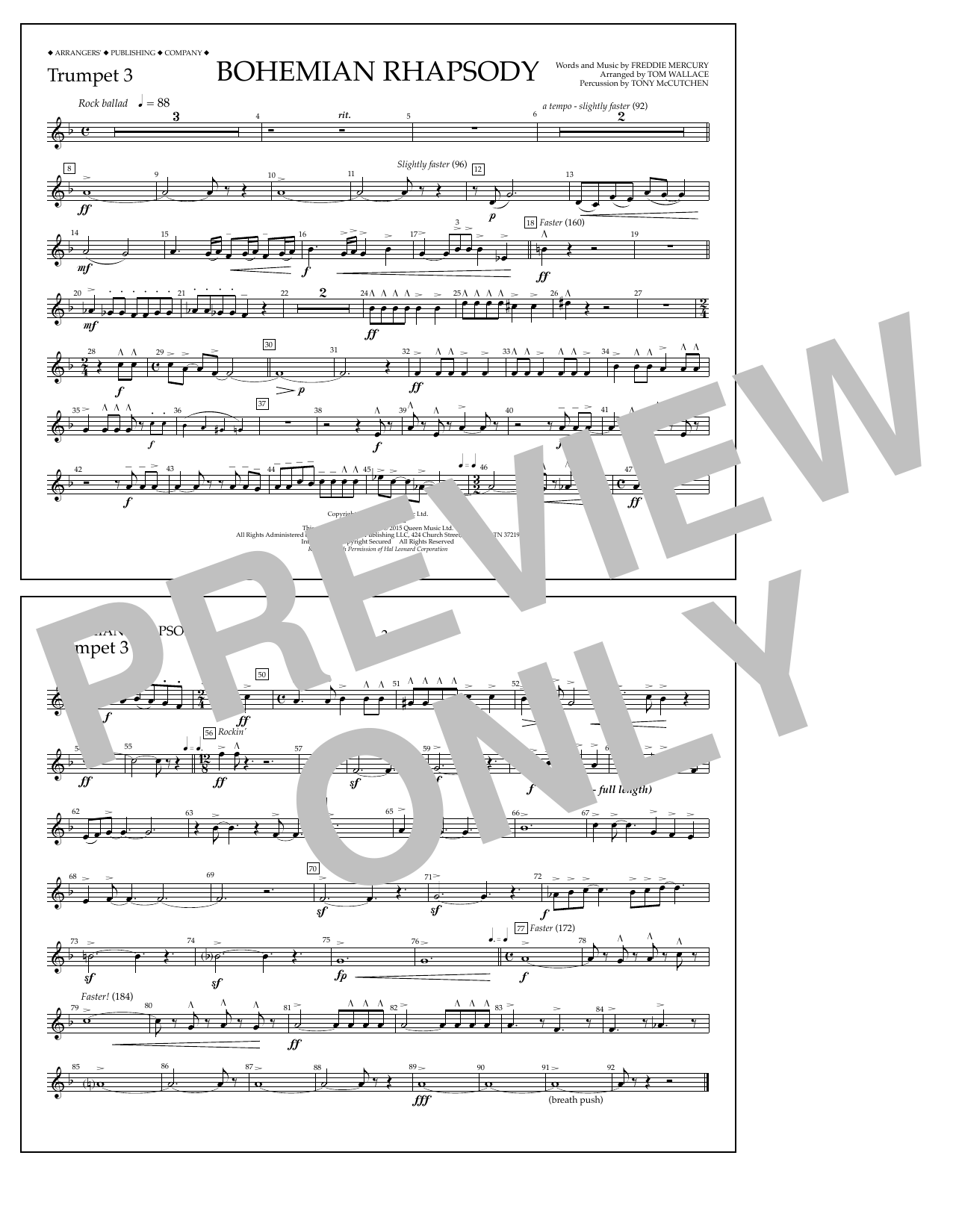 Tom Wallace Bohemian Rhapsody - Trumpet 3 Sheet Music Notes & Chords for Marching Band - Download or Print PDF
