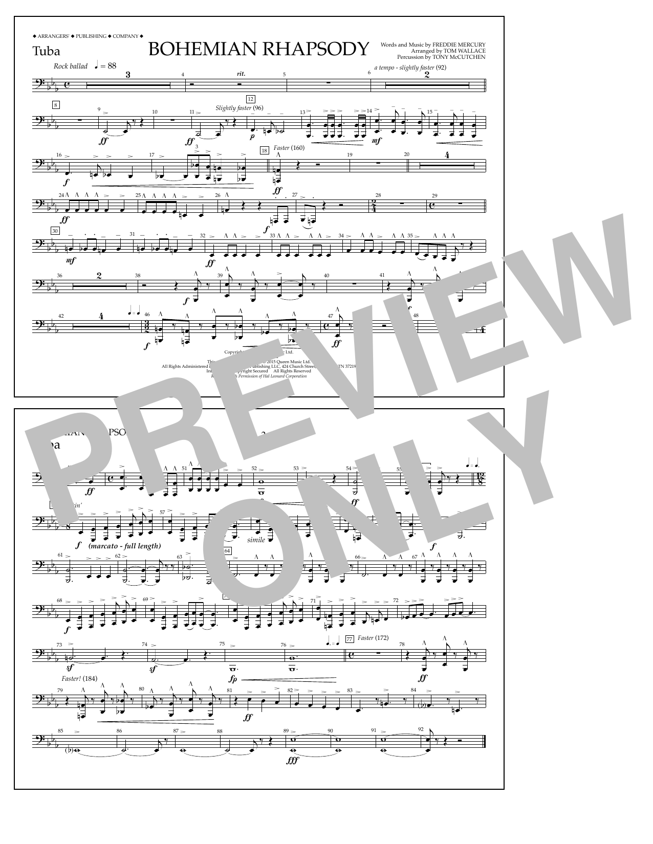 Tom Wallace Bohemian Rhapsody - Tuba Sheet Music Notes & Chords for Marching Band - Download or Print PDF