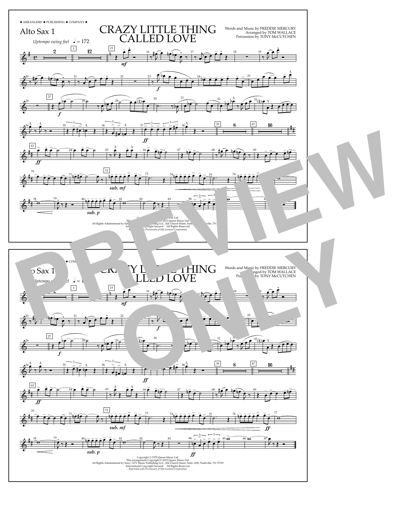 Tom Wallace Crazy Little Thing Called Love - Alto Sax 1 Sheet Music Notes & Chords for Marching Band - Download or Print PDF