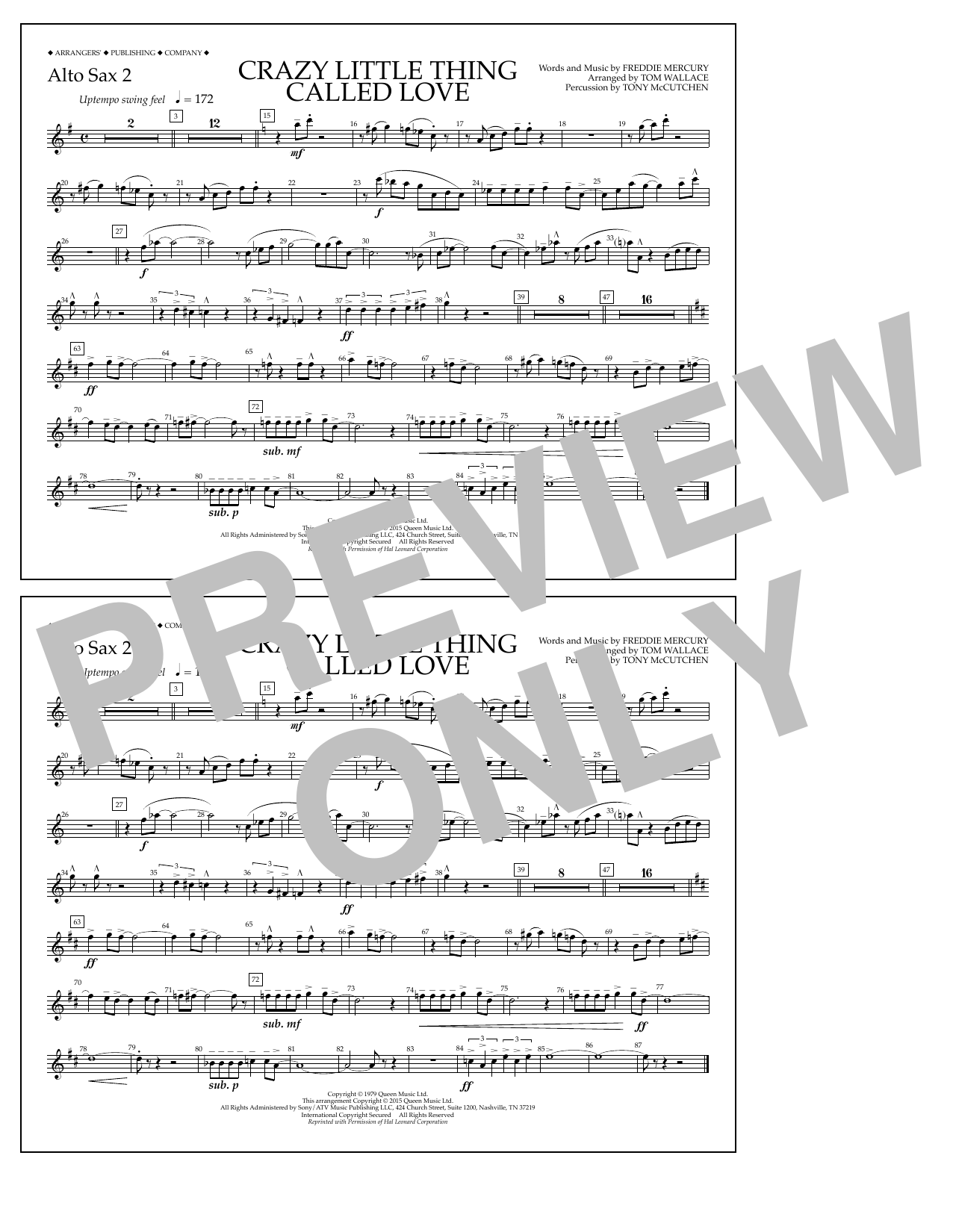 Tom Wallace Crazy Little Thing Called Love - Alto Sax 2 Sheet Music Notes & Chords for Marching Band - Download or Print PDF