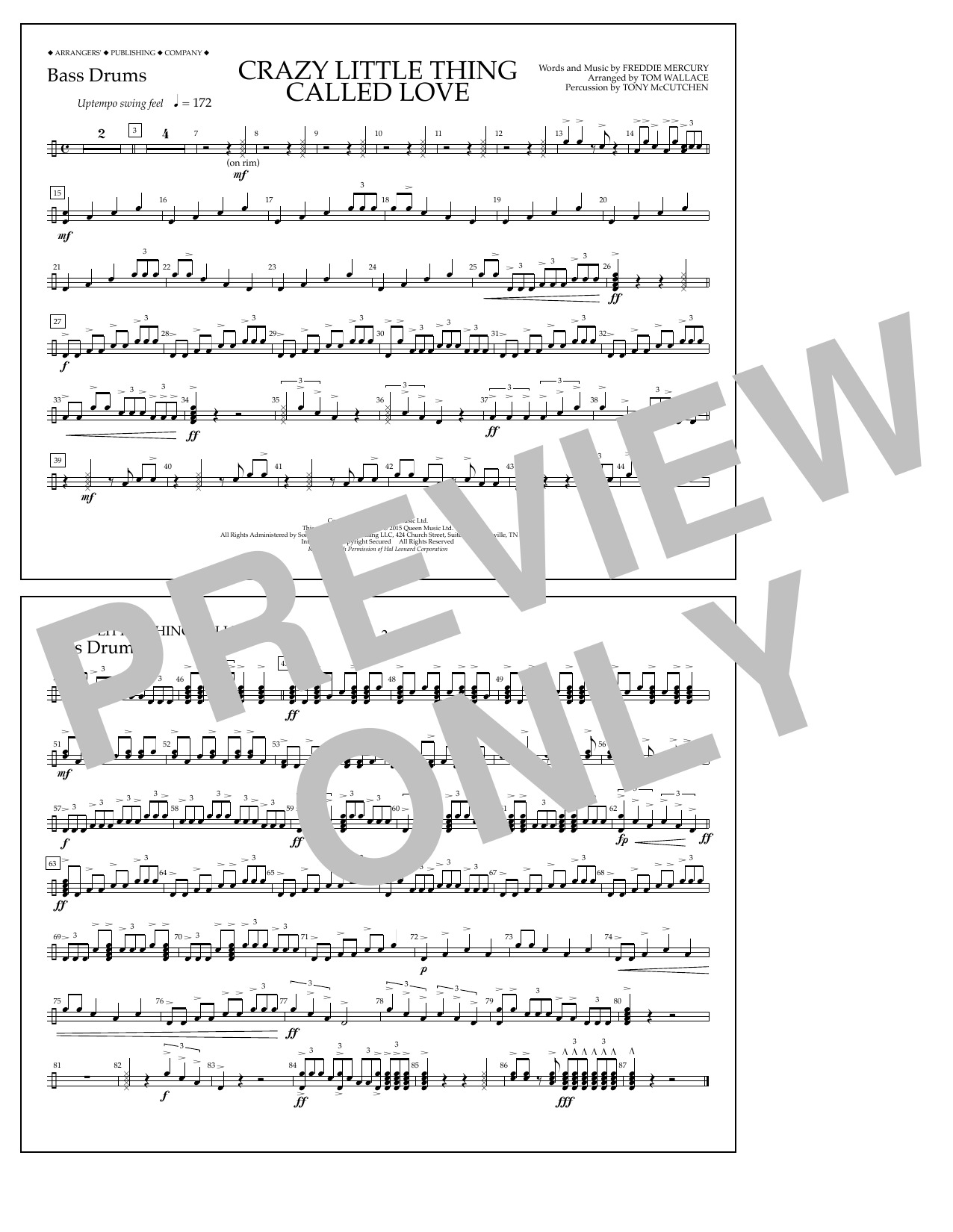Tom Wallace Crazy Little Thing Called Love - Bass Drums Sheet Music Notes & Chords for Marching Band - Download or Print PDF