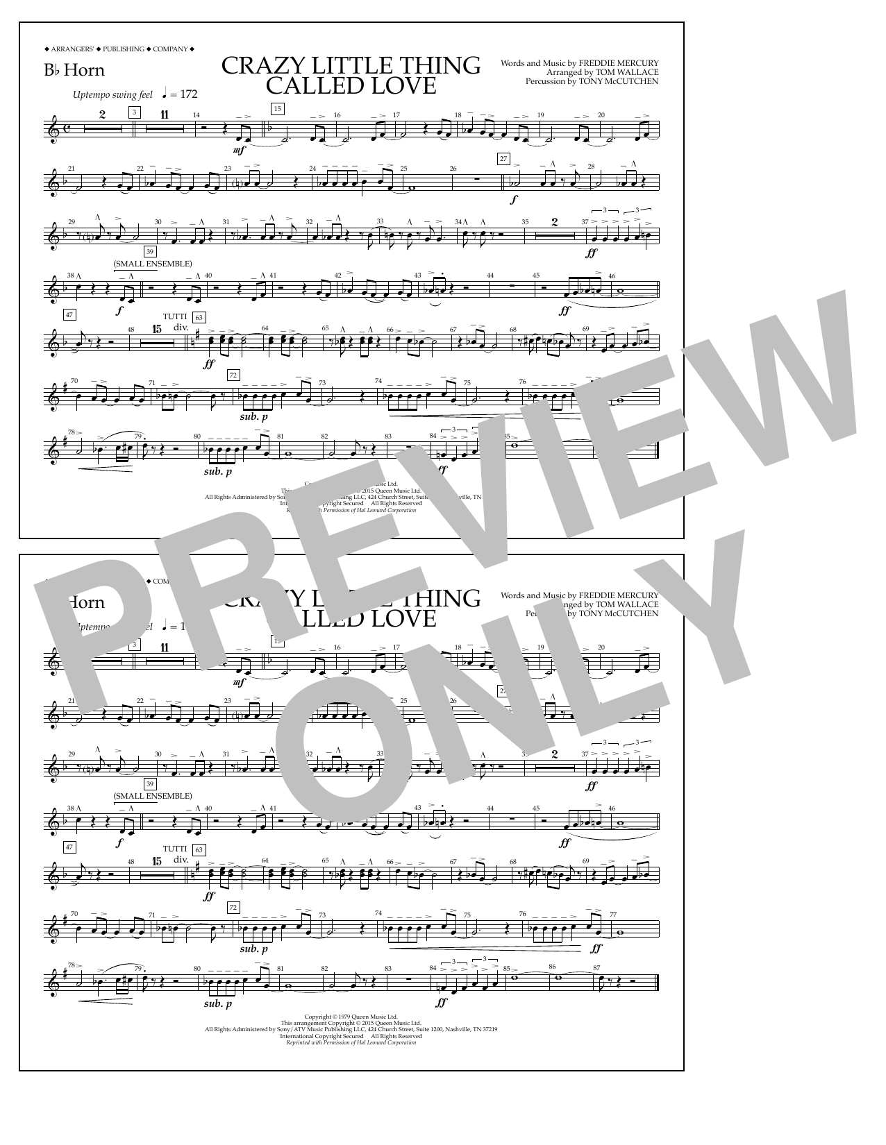 Tom Wallace Crazy Little Thing Called Love - Bb Horn Sheet Music Notes & Chords for Marching Band - Download or Print PDF