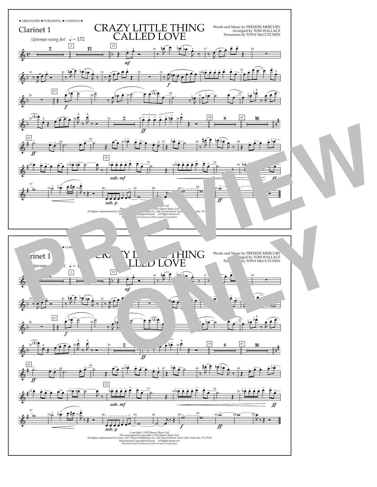 Tom Wallace Crazy Little Thing Called Love - Clarinet 1 Sheet Music Notes & Chords for Marching Band - Download or Print PDF