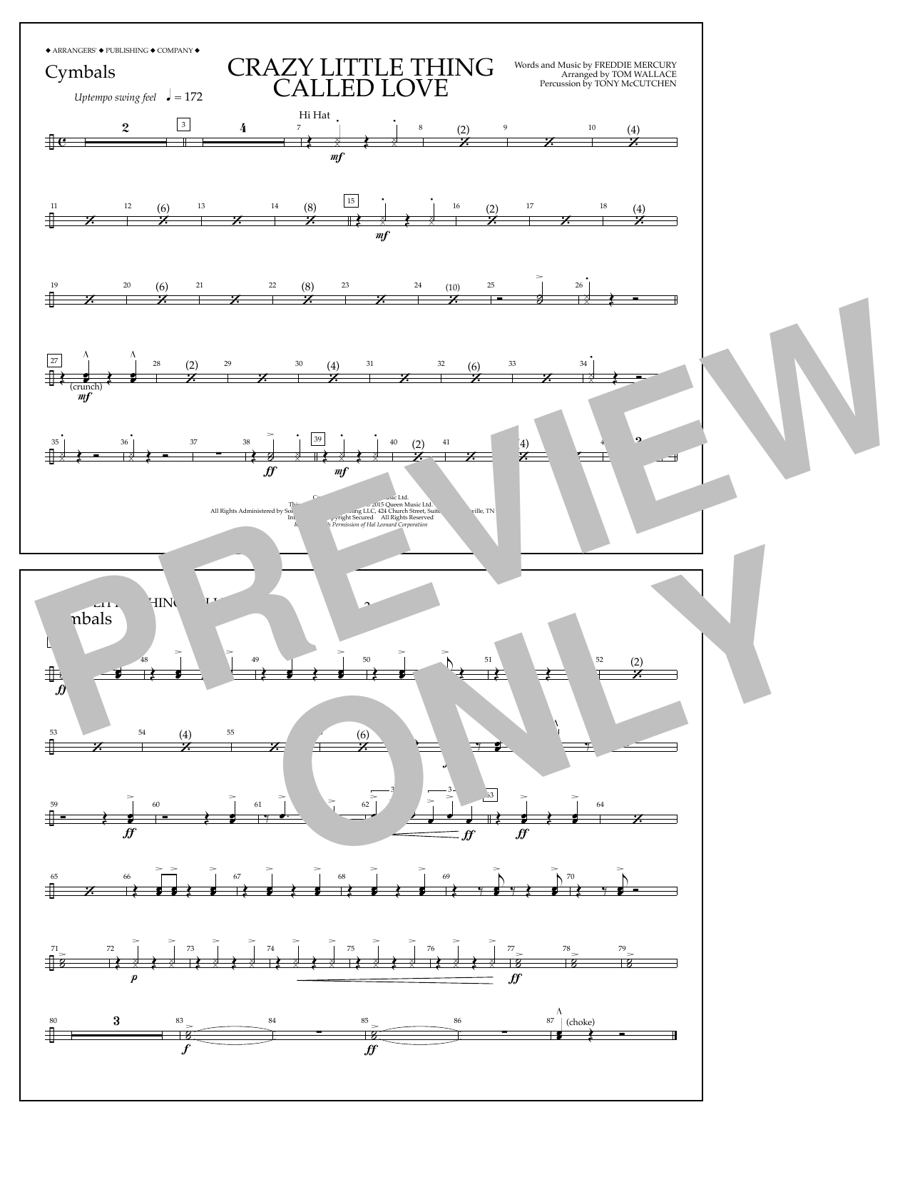 Tom Wallace Crazy Little Thing Called Love - Cymbals Sheet Music Notes & Chords for Marching Band - Download or Print PDF
