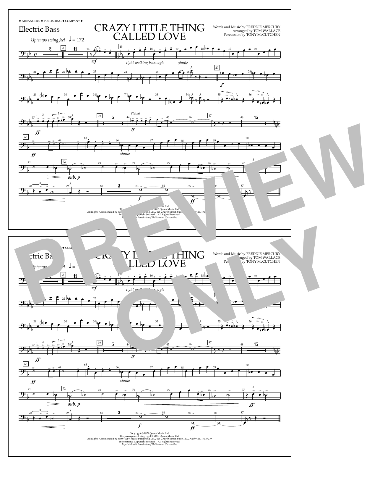 Tom Wallace Crazy Little Thing Called Love - Electric Bass Sheet Music Notes & Chords for Marching Band - Download or Print PDF
