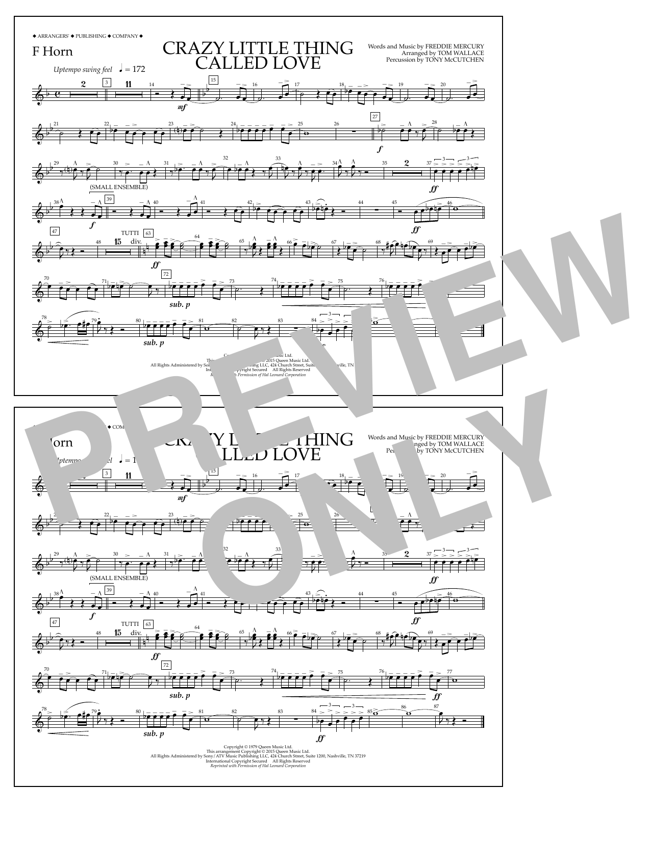 Tom Wallace Crazy Little Thing Called Love - F Horn Sheet Music Notes & Chords for Marching Band - Download or Print PDF