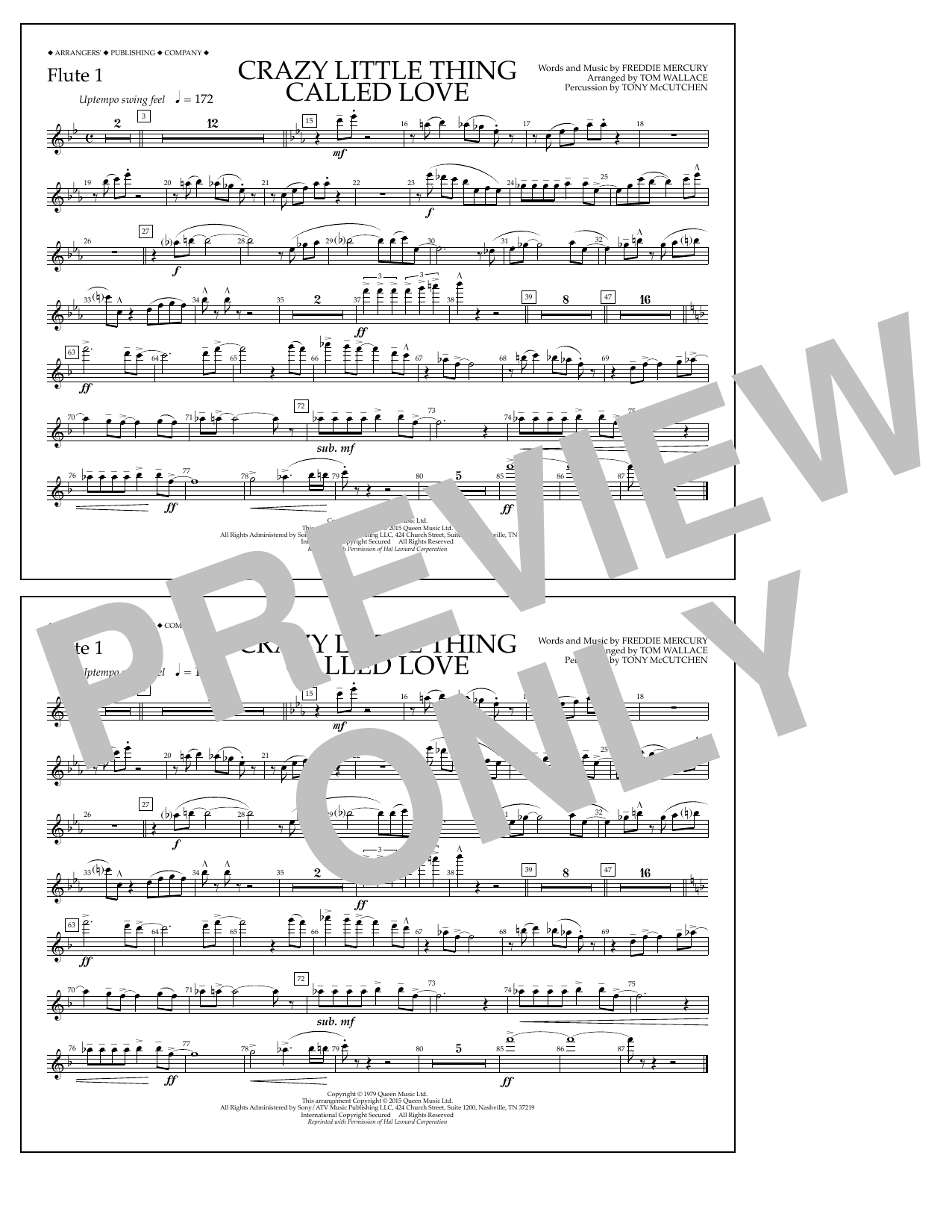 Tom Wallace Crazy Little Thing Called Love - Flute 1 Sheet Music Notes & Chords for Marching Band - Download or Print PDF