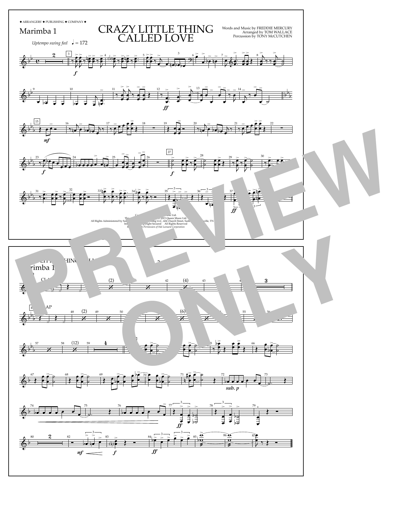 Tom Wallace Crazy Little Thing Called Love - Marimba 1 Sheet Music Notes & Chords for Marching Band - Download or Print PDF