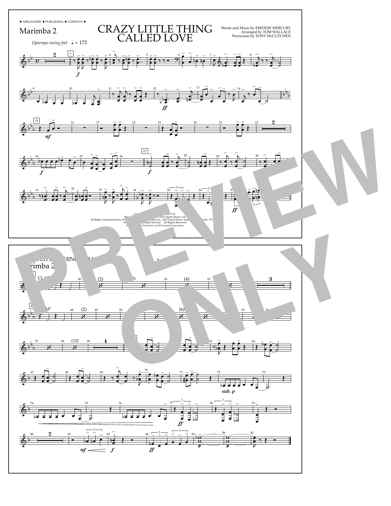 Tom Wallace Crazy Little Thing Called Love - Marimba 2 Sheet Music Notes & Chords for Marching Band - Download or Print PDF