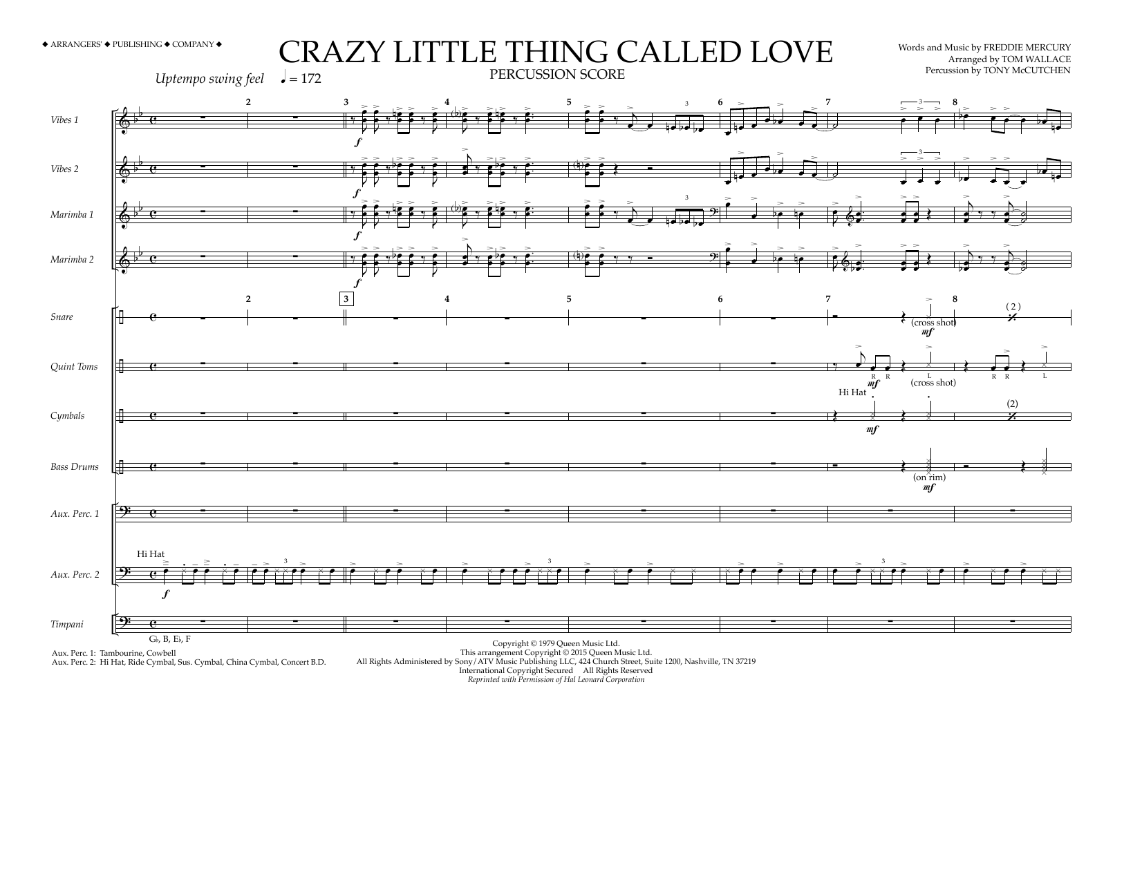 Tom Wallace Crazy Little Thing Called Love - Percussion Score Sheet Music Notes & Chords for Marching Band - Download or Print PDF