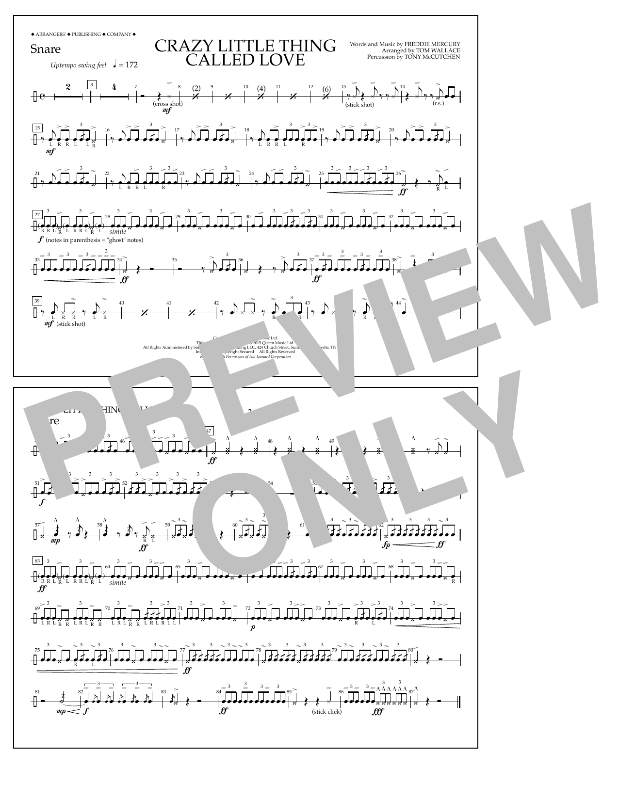 Tom Wallace Crazy Little Thing Called Love - Snare Sheet Music Notes & Chords for Marching Band - Download or Print PDF