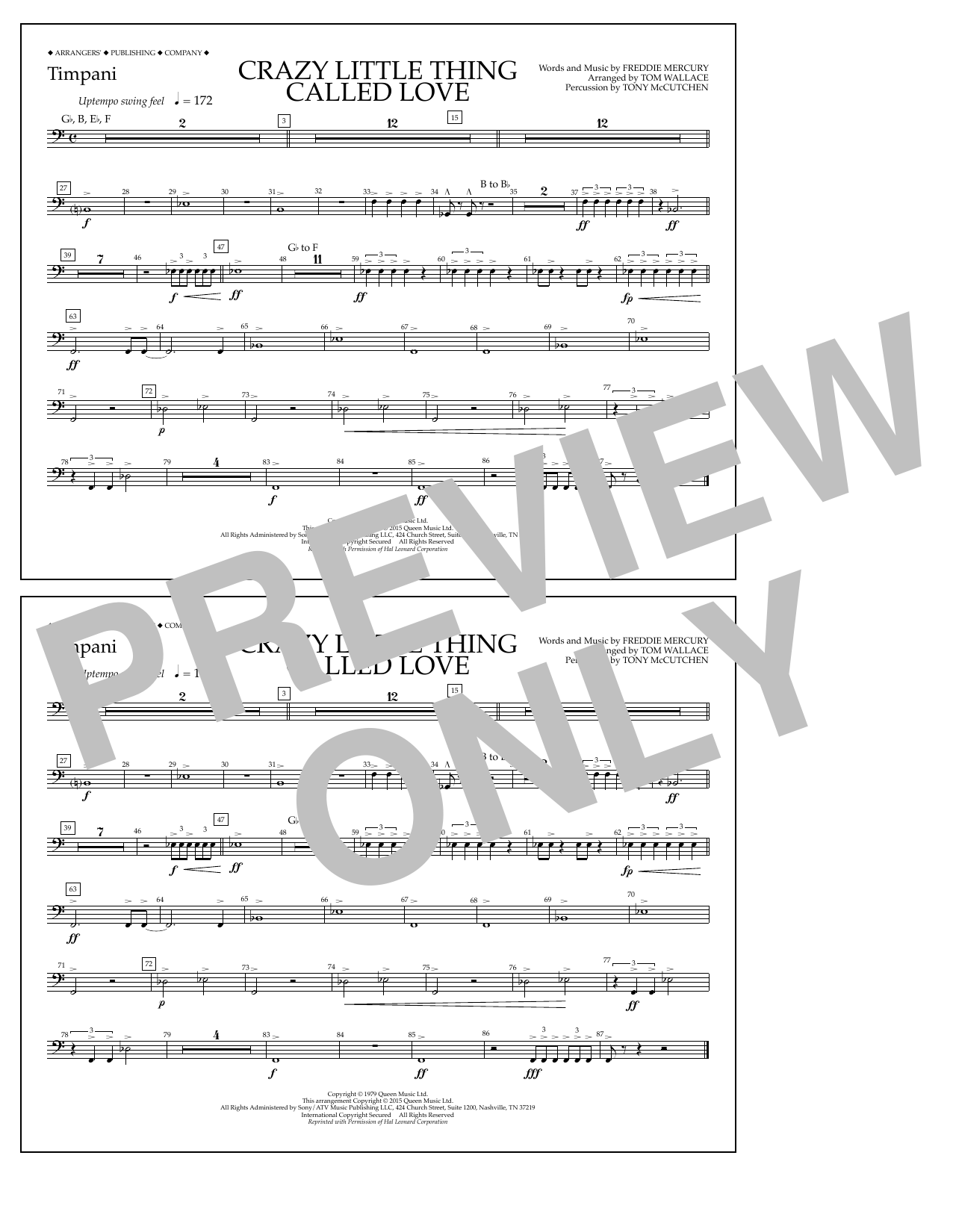 Tom Wallace Crazy Little Thing Called Love - Timpani Sheet Music Notes & Chords for Marching Band - Download or Print PDF