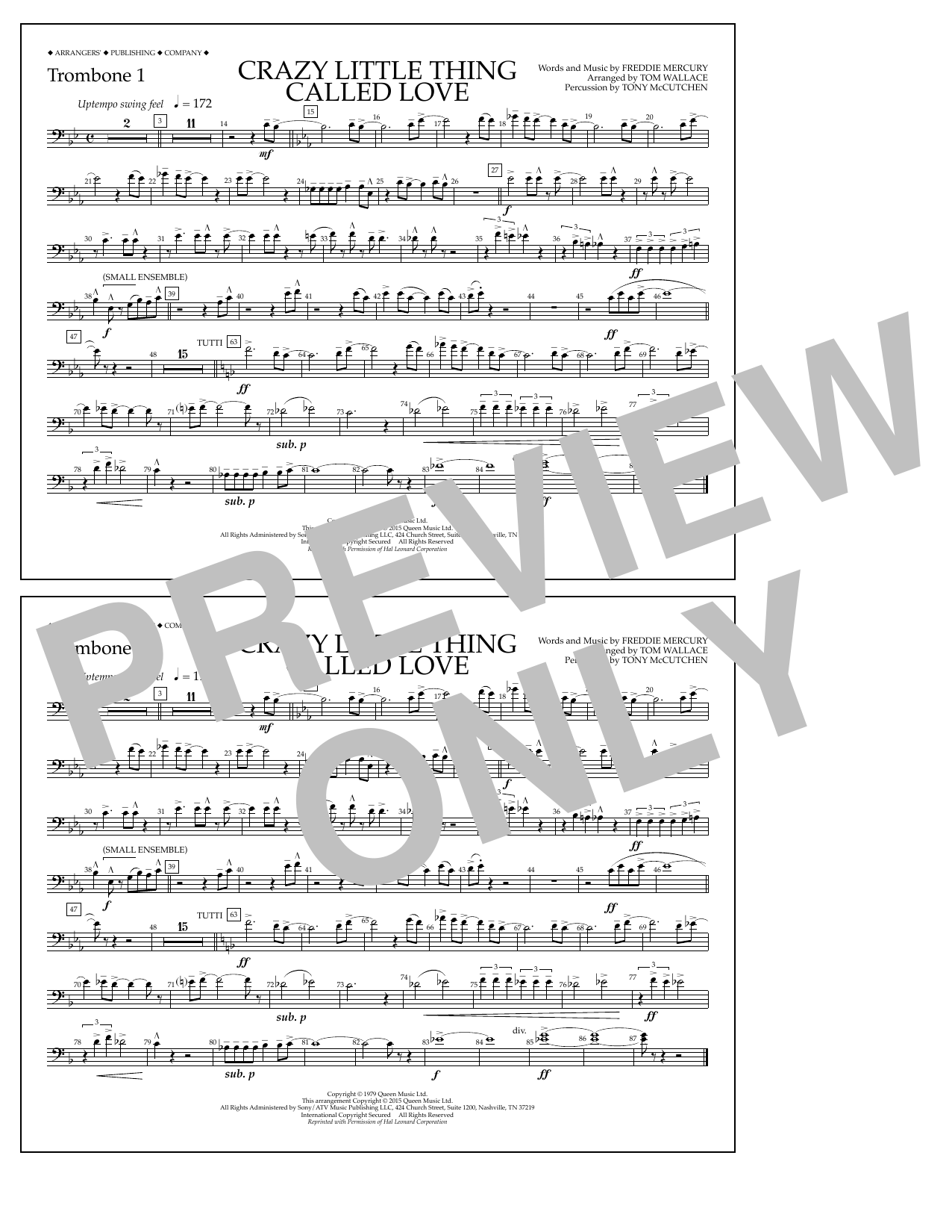 Tom Wallace Crazy Little Thing Called Love - Trombone 1 Sheet Music Notes & Chords for Marching Band - Download or Print PDF