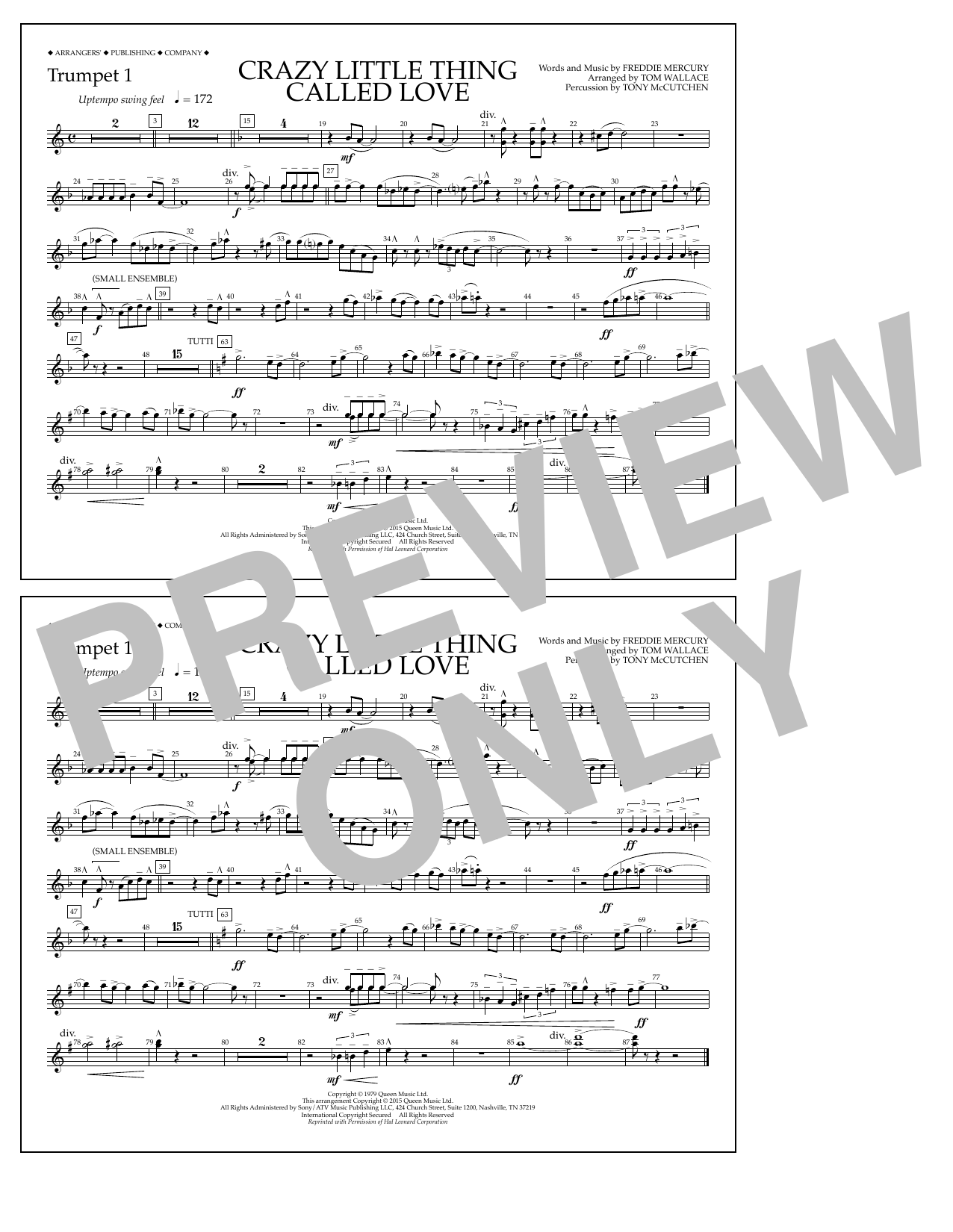 Tom Wallace Crazy Little Thing Called Love - Trumpet 1 Sheet Music Notes & Chords for Marching Band - Download or Print PDF