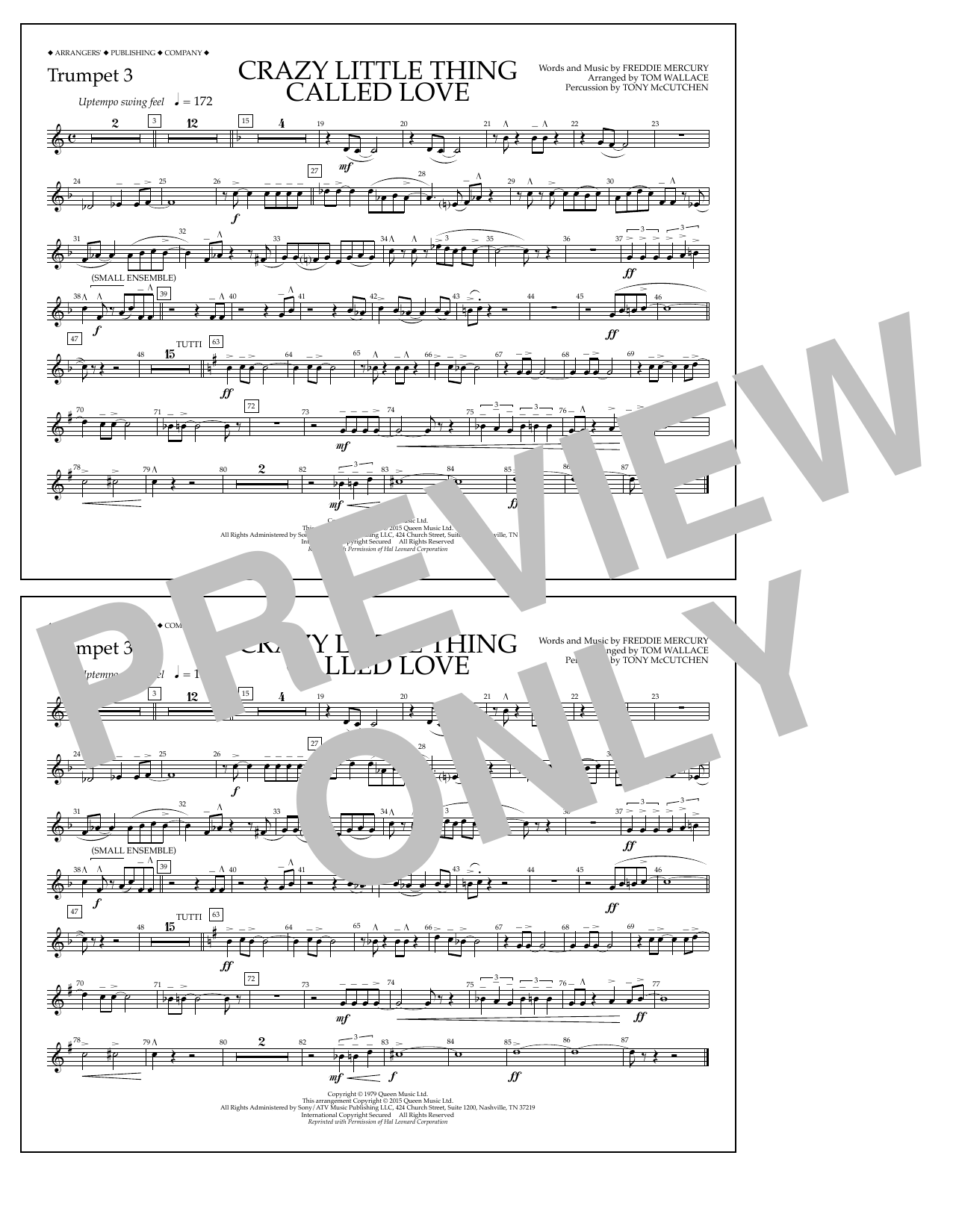 Tom Wallace Crazy Little Thing Called Love - Trumpet 3 Sheet Music Notes & Chords for Marching Band - Download or Print PDF