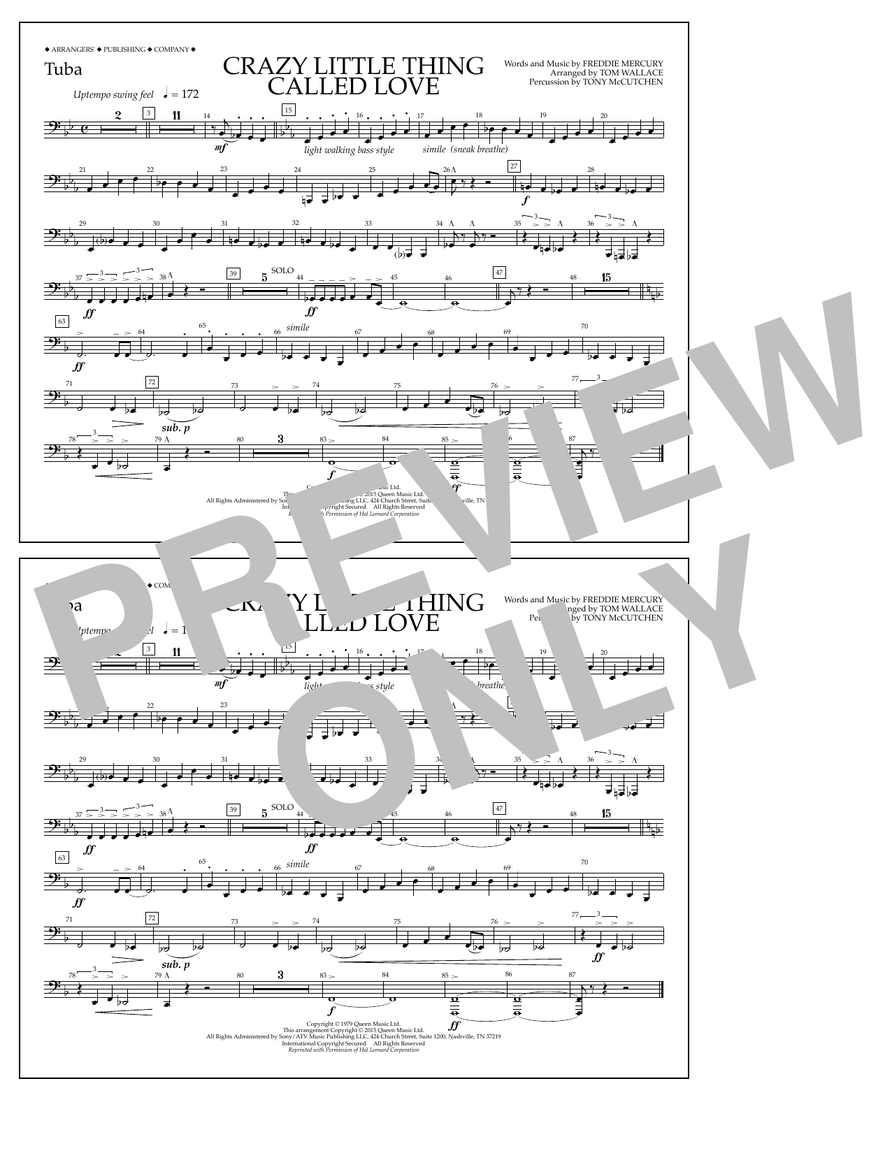 Tom Wallace Crazy Little Thing Called Love - Tuba Sheet Music Notes & Chords for Marching Band - Download or Print PDF