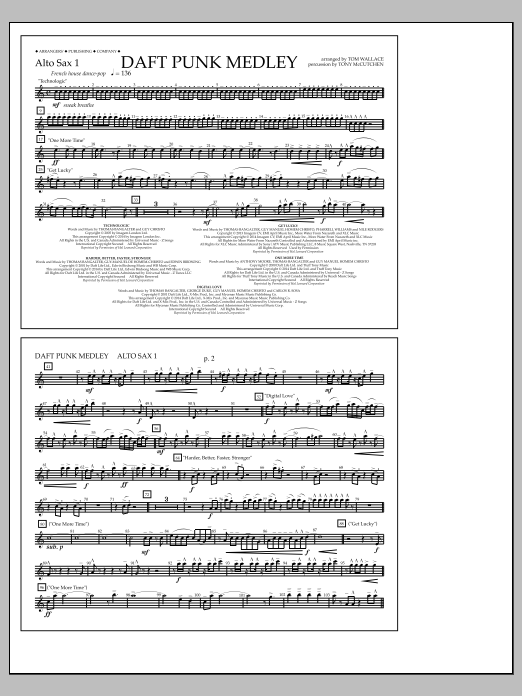Tom Wallace Daft Punk Medley - Alto Sax 1 Sheet Music Notes & Chords for Marching Band - Download or Print PDF