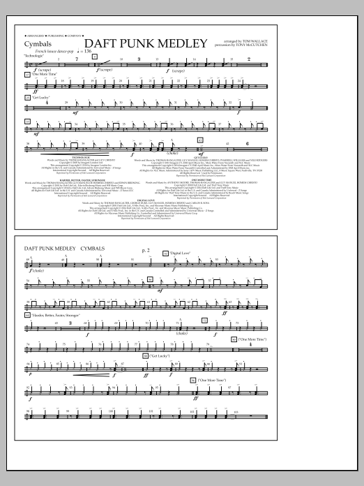 Tom Wallace Daft Punk Medley - Cymbals Sheet Music Notes & Chords for Marching Band - Download or Print PDF