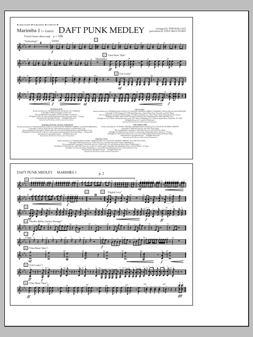 Tom Wallace Daft Punk Medley - Marimba 1 Sheet Music Notes & Chords for Marching Band - Download or Print PDF
