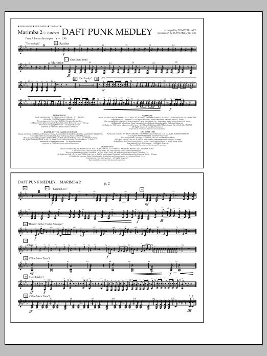 Tom Wallace Daft Punk Medley - Marimba 2 Sheet Music Notes & Chords for Marching Band - Download or Print PDF