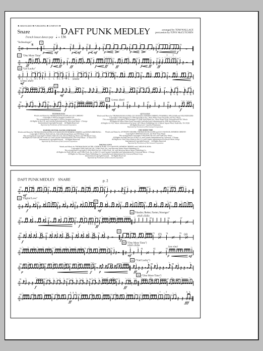 Tom Wallace Daft Punk Medley - Snare Sheet Music Notes & Chords for Marching Band - Download or Print PDF