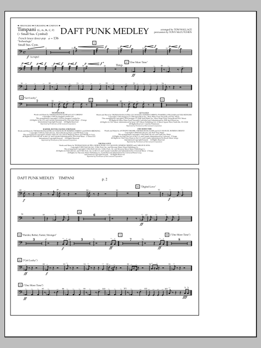 Tom Wallace Daft Punk Medley - Timpani Sheet Music Notes & Chords for Marching Band - Download or Print PDF