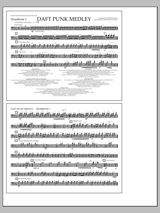 Tom Wallace Daft Punk Medley - Trombone 1 Sheet Music Notes & Chords for Marching Band - Download or Print PDF